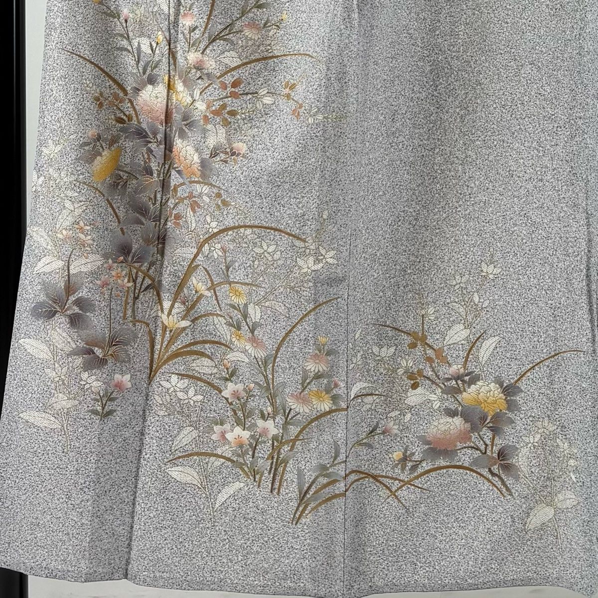 訪問着 身丈152cm 裄丈64cm M 単衣 牡丹 秋草 金彩 灰色 正絹 優品