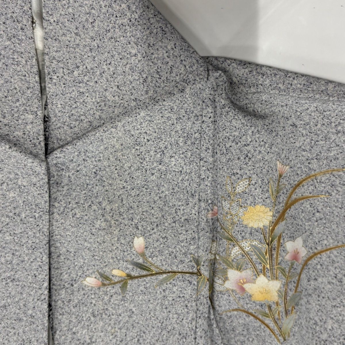 訪問着 身丈152cm 裄丈64cm M 単衣 牡丹 秋草 金彩 灰色 正絹 優品