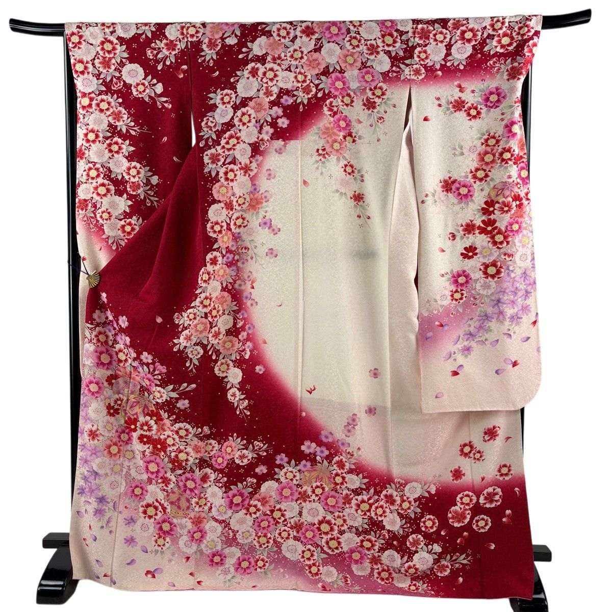 美品】 振袖 身丈172cm 裄丈67.5cm L 袷 草花 鞠 銀通し 赤 正絹 名品