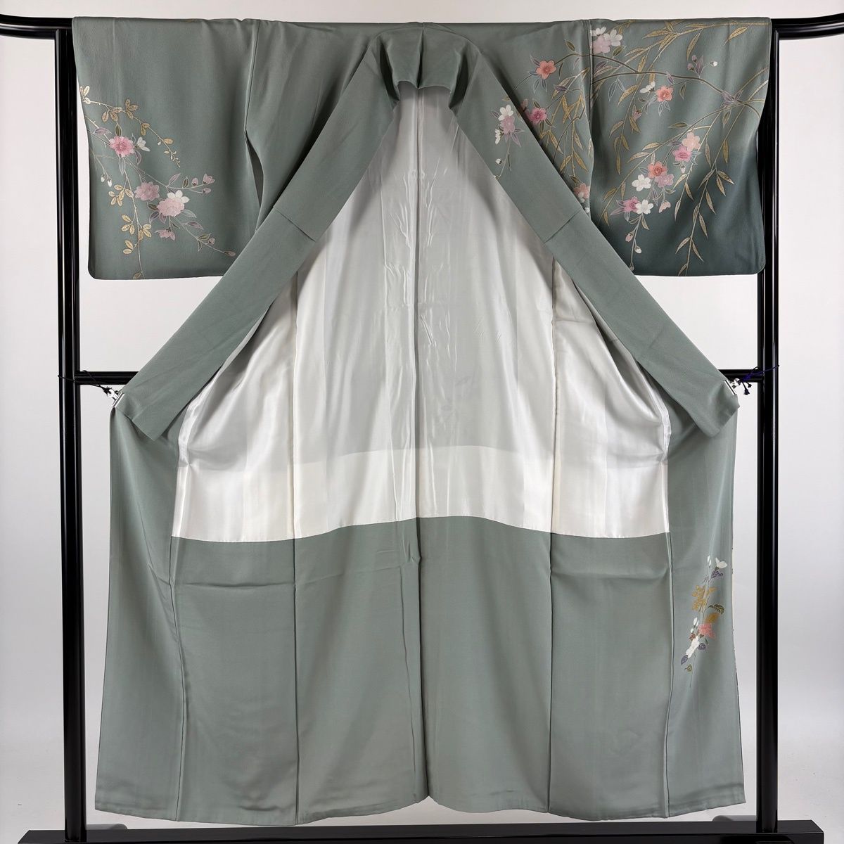 訪問着 身丈154cm 裄丈63.5cm 正絹 秀品 【中古】 訪問着 身丈156.5cm 裄丈63cm S 袷 舟 柳 金彩 灰緑 正絹