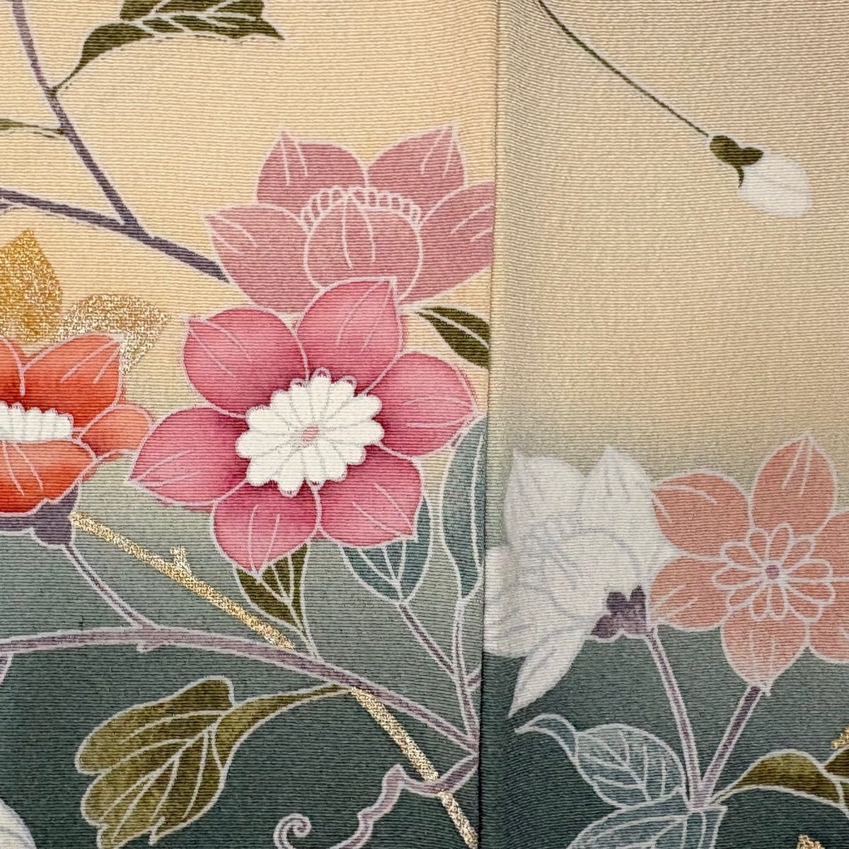 訪問着 身丈154.5cm 裄丈63.5cm 正絹 秀品 【中古】 訪問着 身丈154.5cm 裄丈65cm M 袷 菊 桜 金銀彩 ぼかし 灰緑 正絹 秀