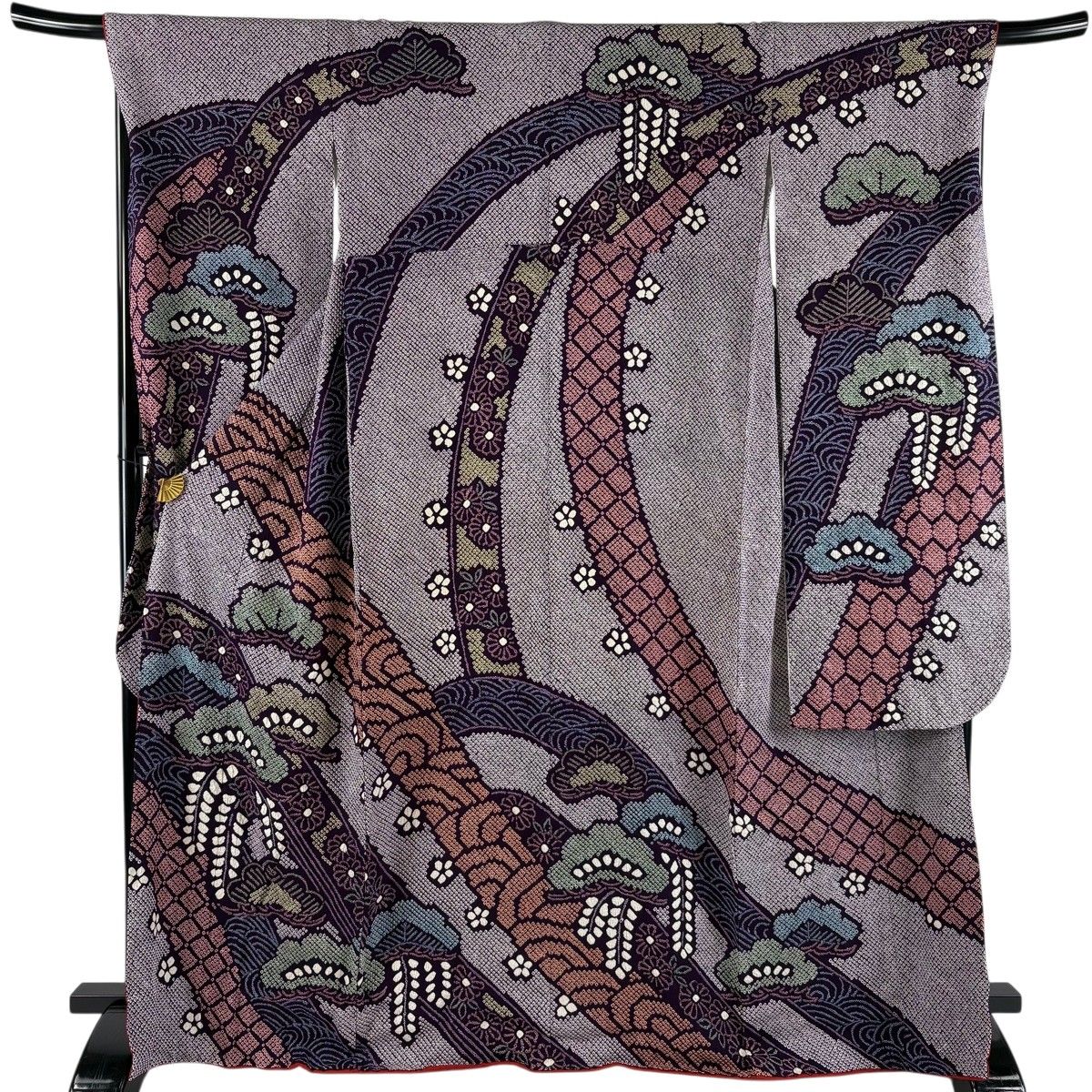 振袖 身丈168cm 裄丈69.5cm L 袷 笠松 藤 総絞り 紫 正絹 秀品 【中古】 6,952円