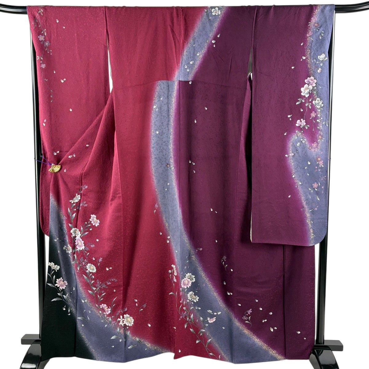 振袖 身丈163cm 裄丈68cm L 袷 やまと 草花 金彩 染め分け 赤紫 正絹 秀品 【中古】