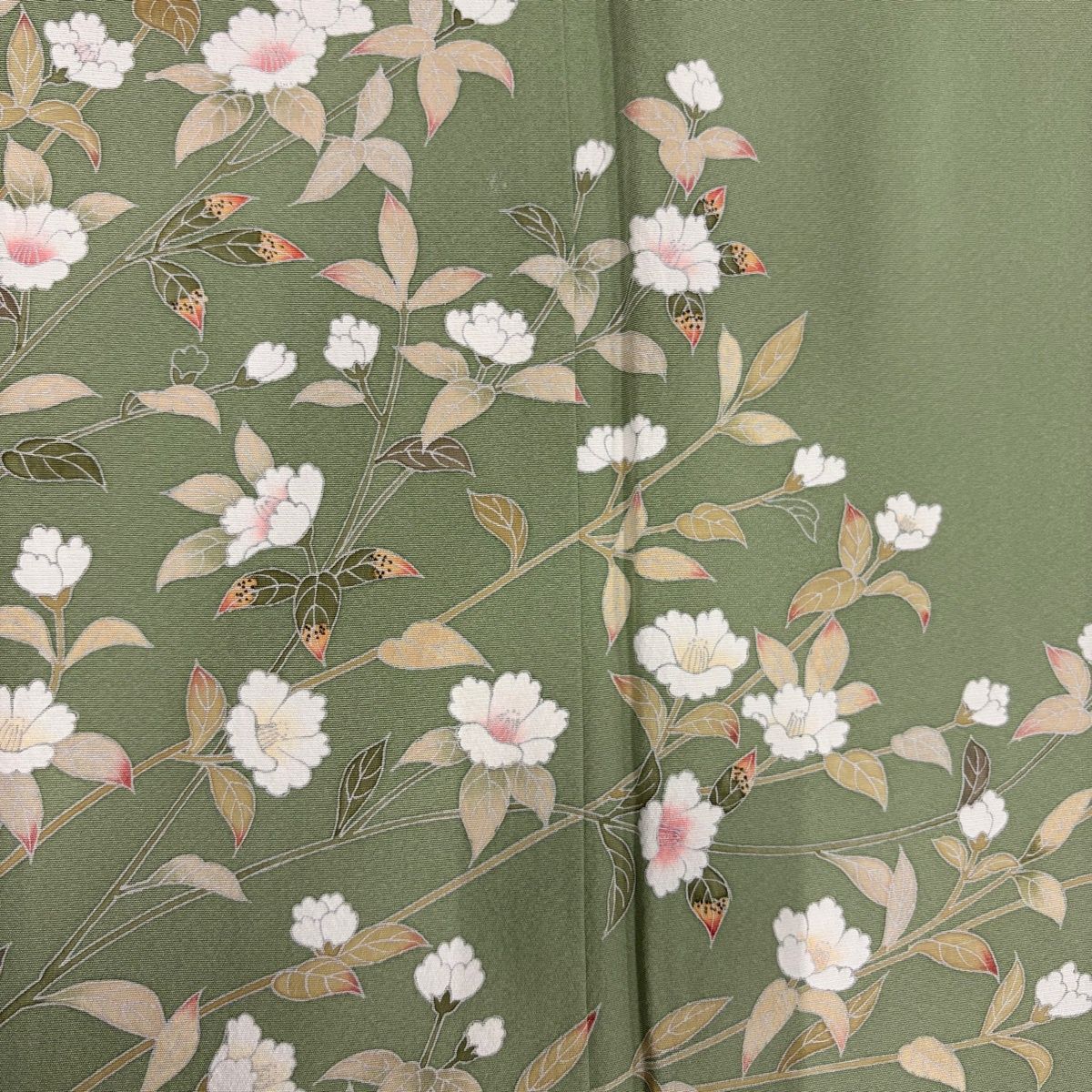 美品】 訪問着 身丈158cm 裄丈64cm M 袷 落款 枝花 薄緑 正絹 秀品 一