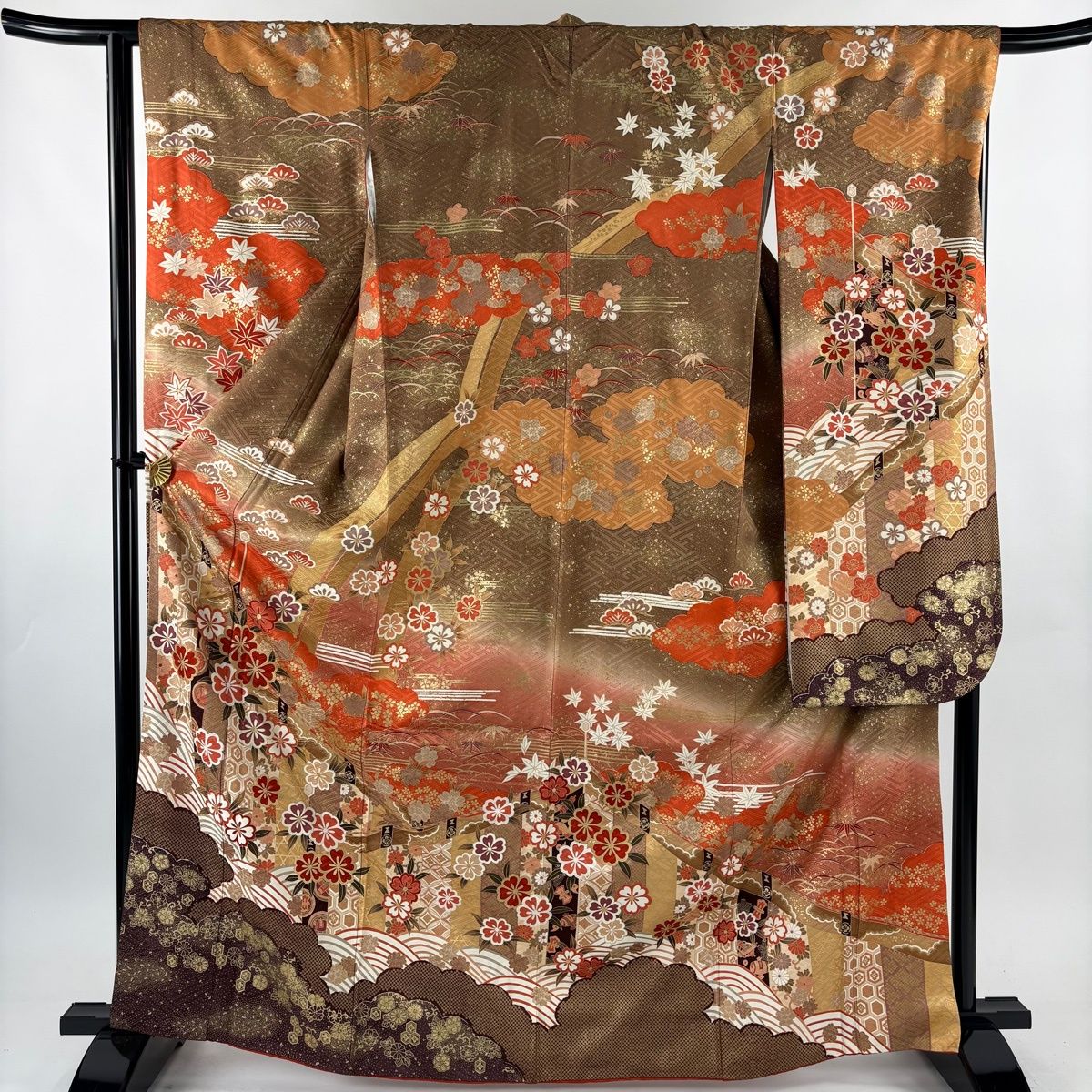 振袖 身丈166cm 裄丈65cm M 袷 幔幕 桜 金彩 茶色 正絹 秀品 【中古