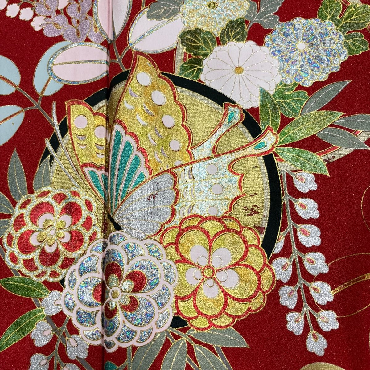 振袖 身丈168cm 裄丈66cm M 袷 蝶 草花 金銀彩 金通し 赤 正絹 秀品