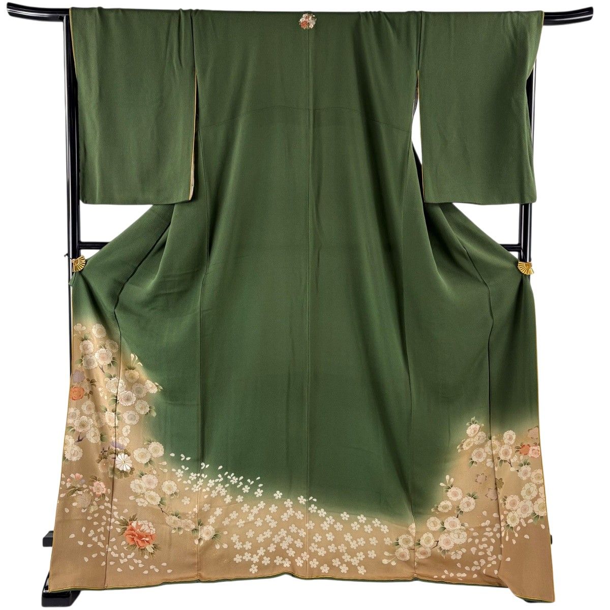 訪問着 秀品 身丈170cm 裄丈70cm 正絹 【中古】 訪問着 身丈170cm 裄丈69cm L 袷 やまと 桜 菊 刺繍 金糸 緑 正絹 秀品