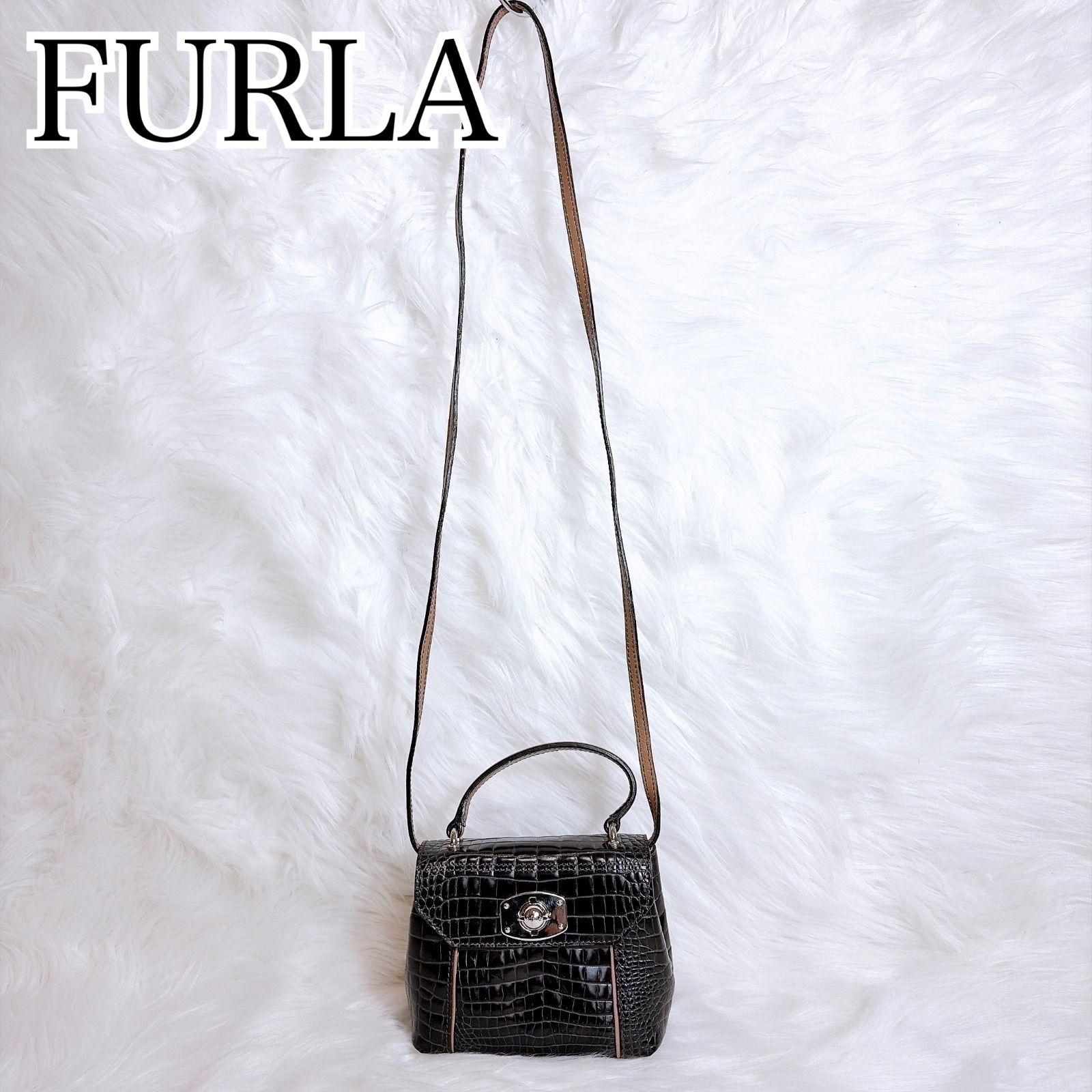 フルラ　2way　クロコダイル型押し　ロゴプレート　ショルダー　ハンド　バック