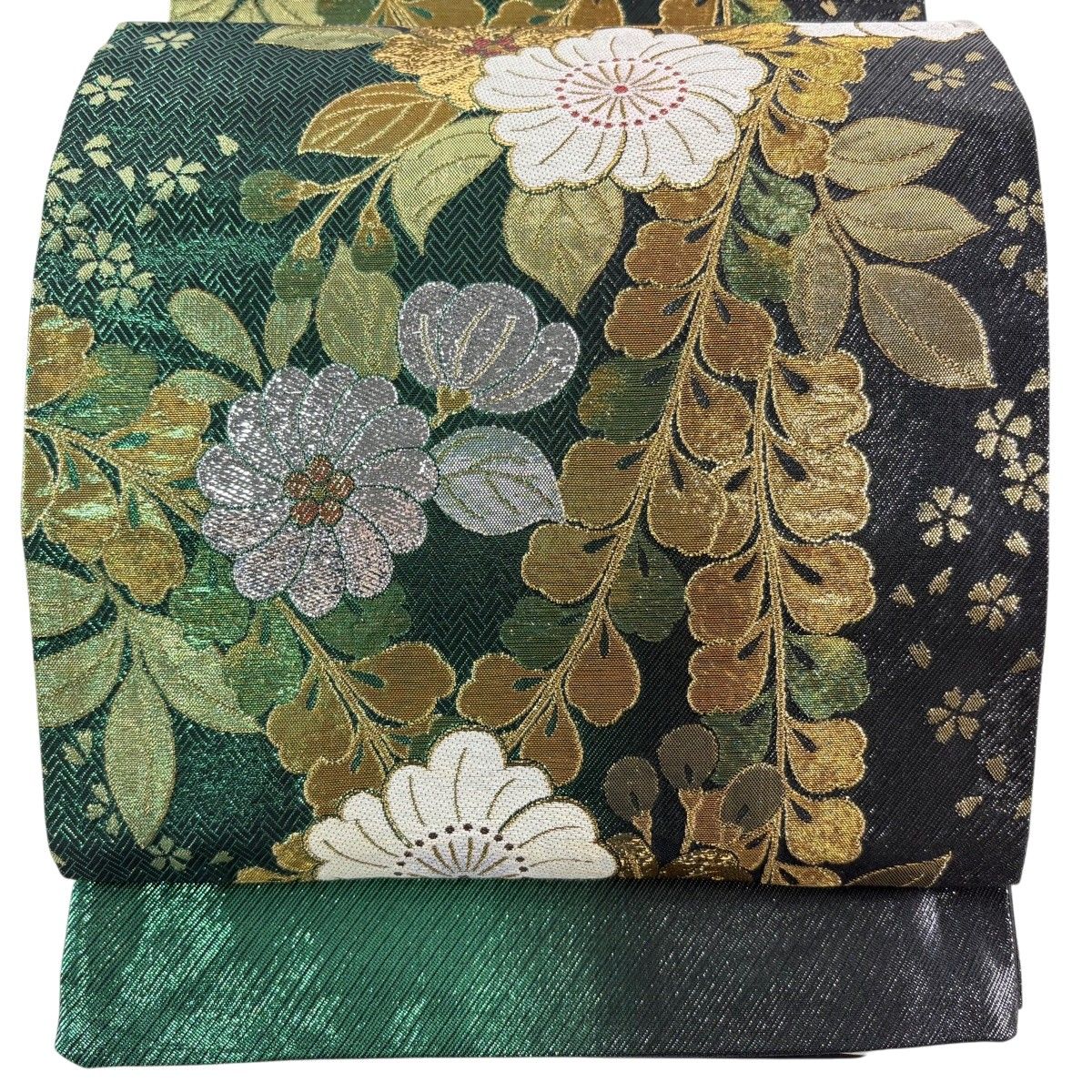 袋帯 秀品 振袖向き 桜 花びら 箔 金糸 緑 六通 正絹 【中古】 - メルカリ