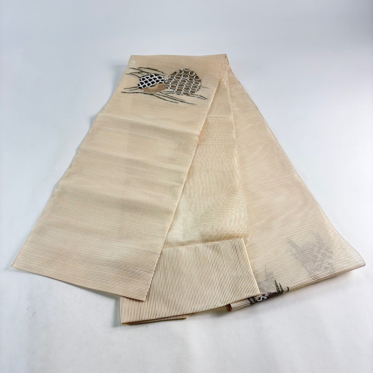 美品】 名古屋帯 秀品 八寸名古屋帯 松葉仕立て 夏帯 絽 松笠 金糸