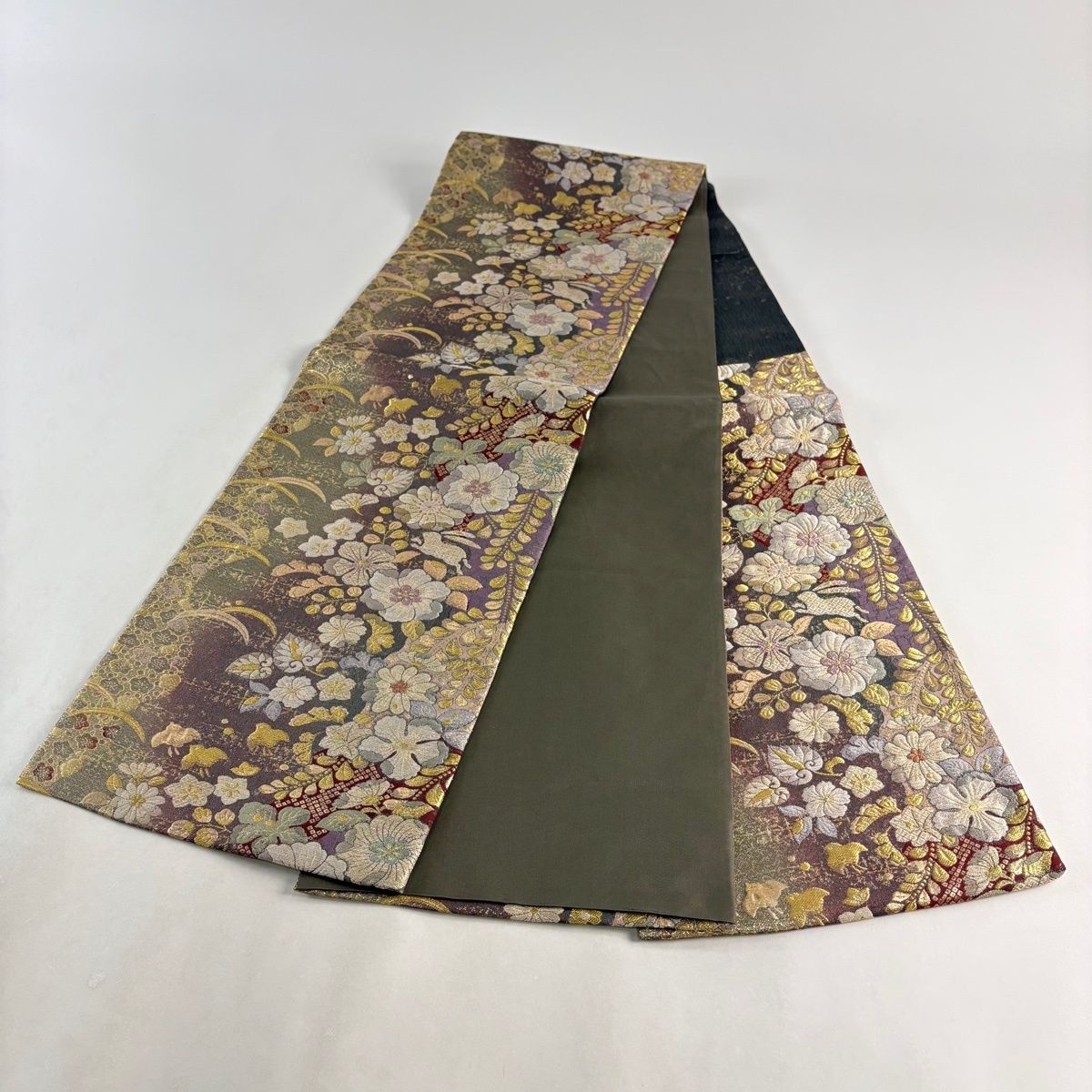 【未使用品】やまと誂製　六通柄袋帯　草花文　金銀糸 美品】 袋帯 秀品 慶長辻ヶ花 やまと 草花 千鳥 金銀糸 ラメ糸 紫 六通
