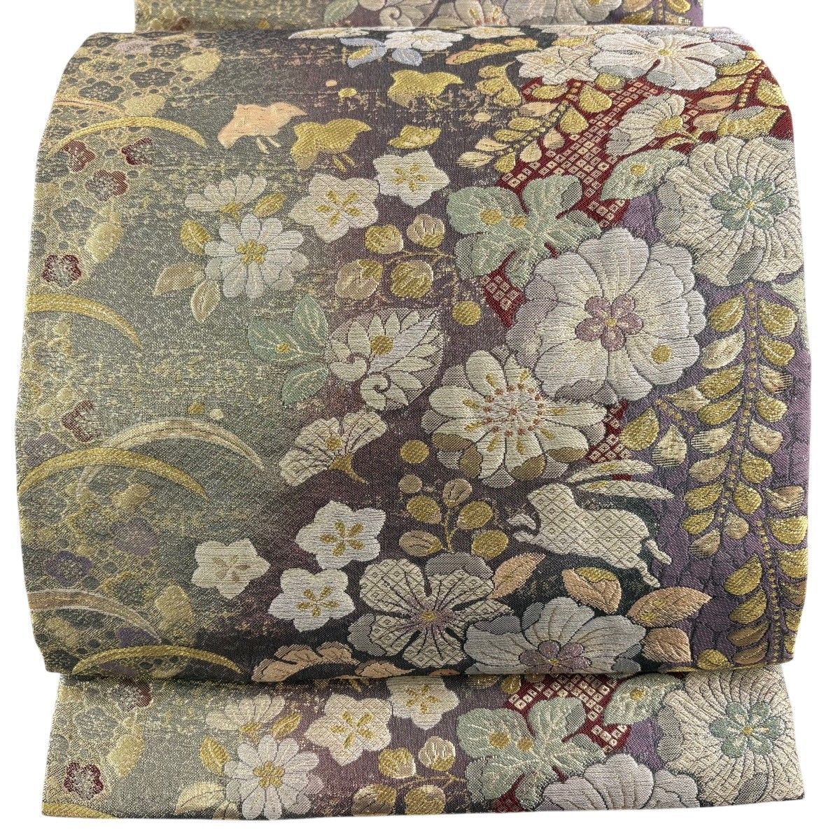 【未使用品】やまと誂製　六通柄袋帯　草花文　金銀糸 美品】 袋帯 秀品 慶長辻ヶ花 やまと 草花 千鳥 金銀糸 ラメ糸 紫 六通