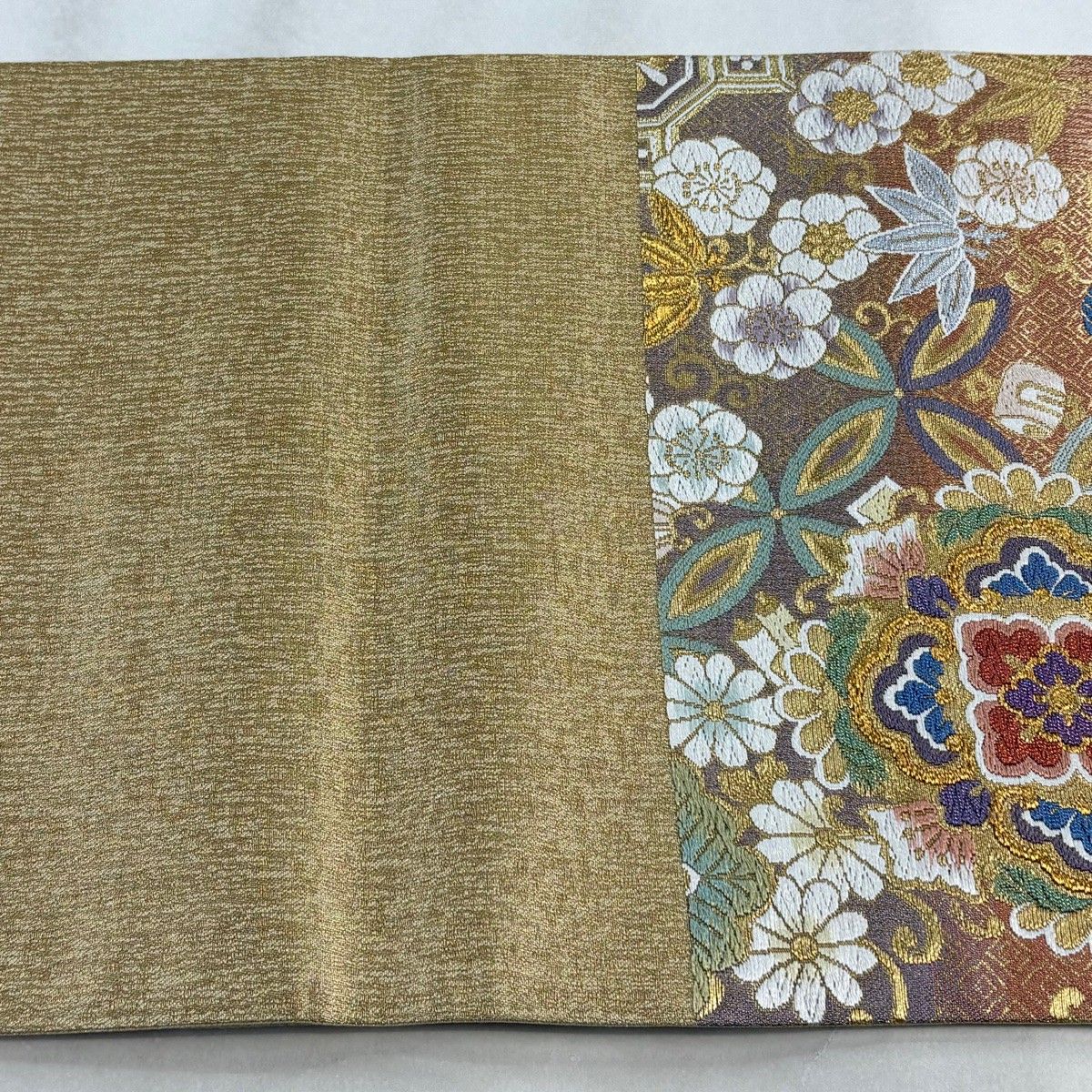 美品】 袋帯 秀品 振袖向き 華文 松竹梅 唐織 箔 ピンク 六通 正絹