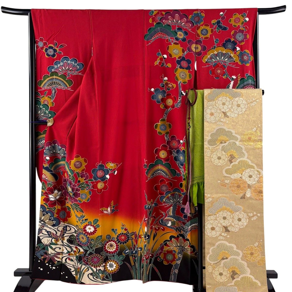 【美品】 振袖 身丈162.5cm 裄丈65.5cm M 袷 袋帯フルセット 松竹梅 蝶 染め分け ぼかし 赤 正絹 名品 【中古】