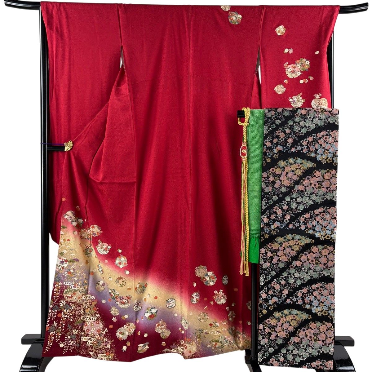 正絹  お振袖  身丈  168  袋帯プレゼント 美品】 振袖 身丈168.5cm 裄丈70cm L 袷 袋帯フルセット 鼓 草花 金彩