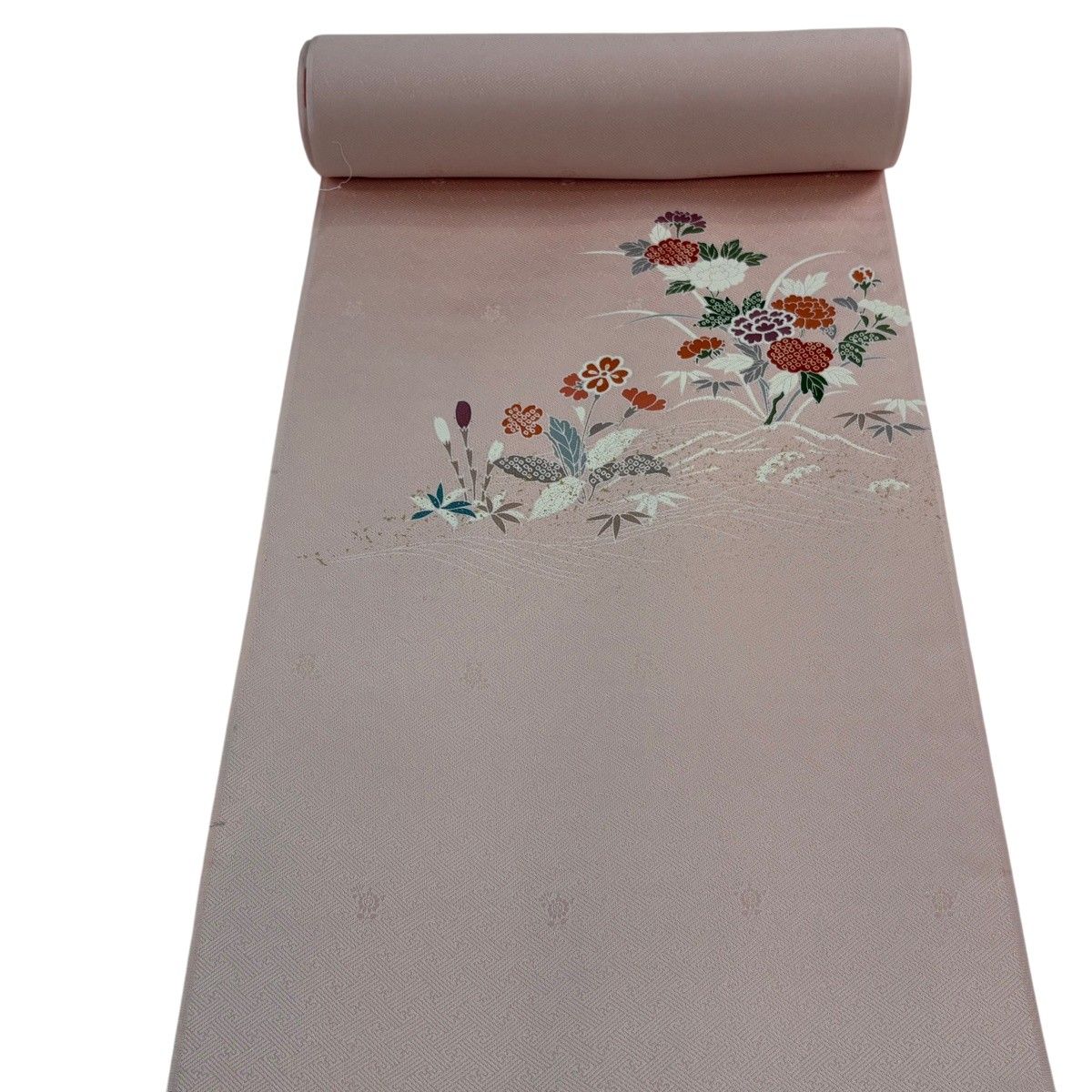 反物 秀品 付下げ 花籠 草花 金彩 ピンク 正絹 【中古】