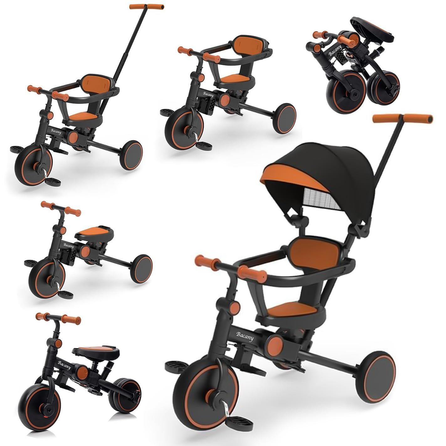 数量限定 おしゃれ 1歳-6歳 子供バイク 手押し棒 コンパクト 自転車 折りたたみ おもちゃ 乗用玩具 ステップ付き 幼児用 キッズバイク プレゼント 三輪車 おもちゃ 調整可能 7in1 お祝い ギフト 子供用三輪車 シートベルト付き (ブラック)