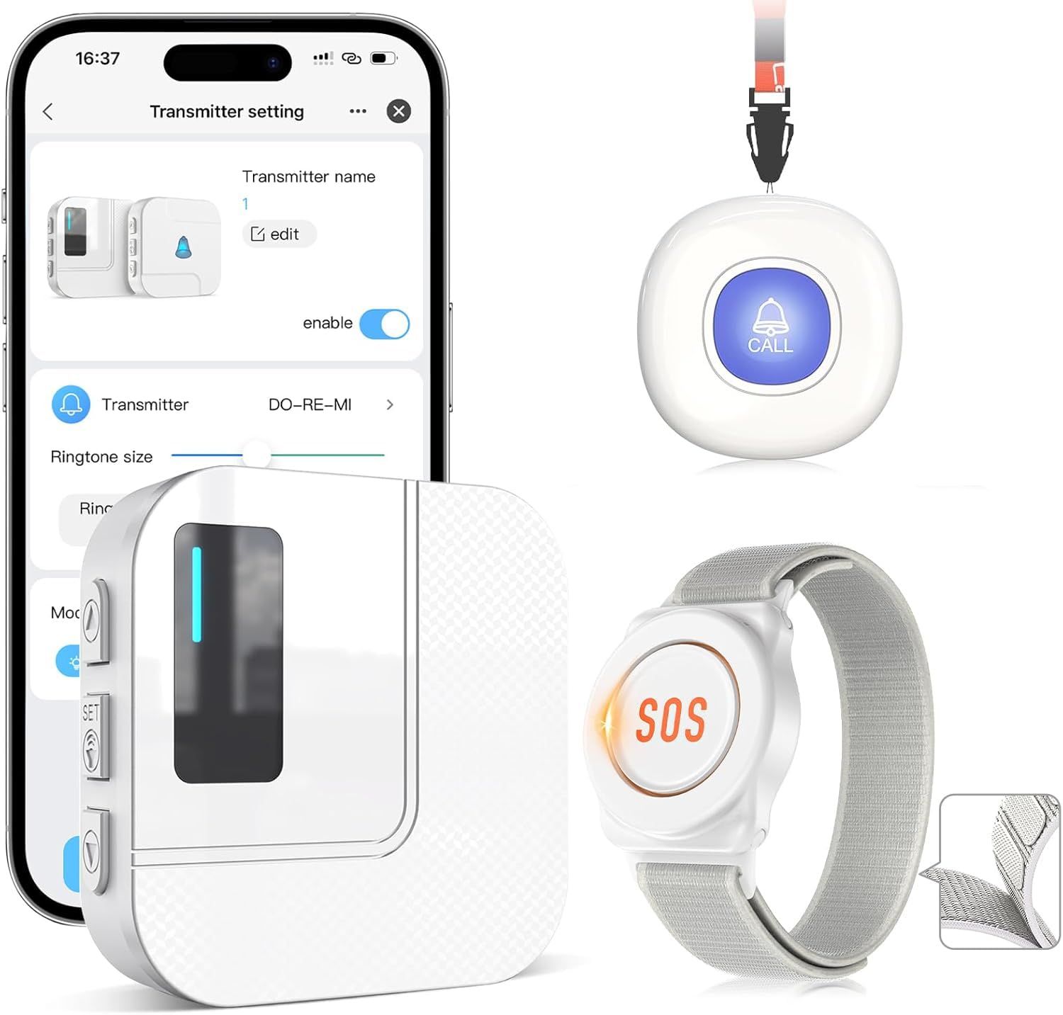 CallToU 呼び出しベル 介護用 Wi-Fi対応 スマホ連動 介護用ブザー コール 110dB音量調整 IP55防水 150m範囲対応 ナースコール 家庭用 高齢者/患者/障害者/妊婦/子ども向け（1受信機＋1ナイロン製腕時計式発信機+1ボタン発信機）k
