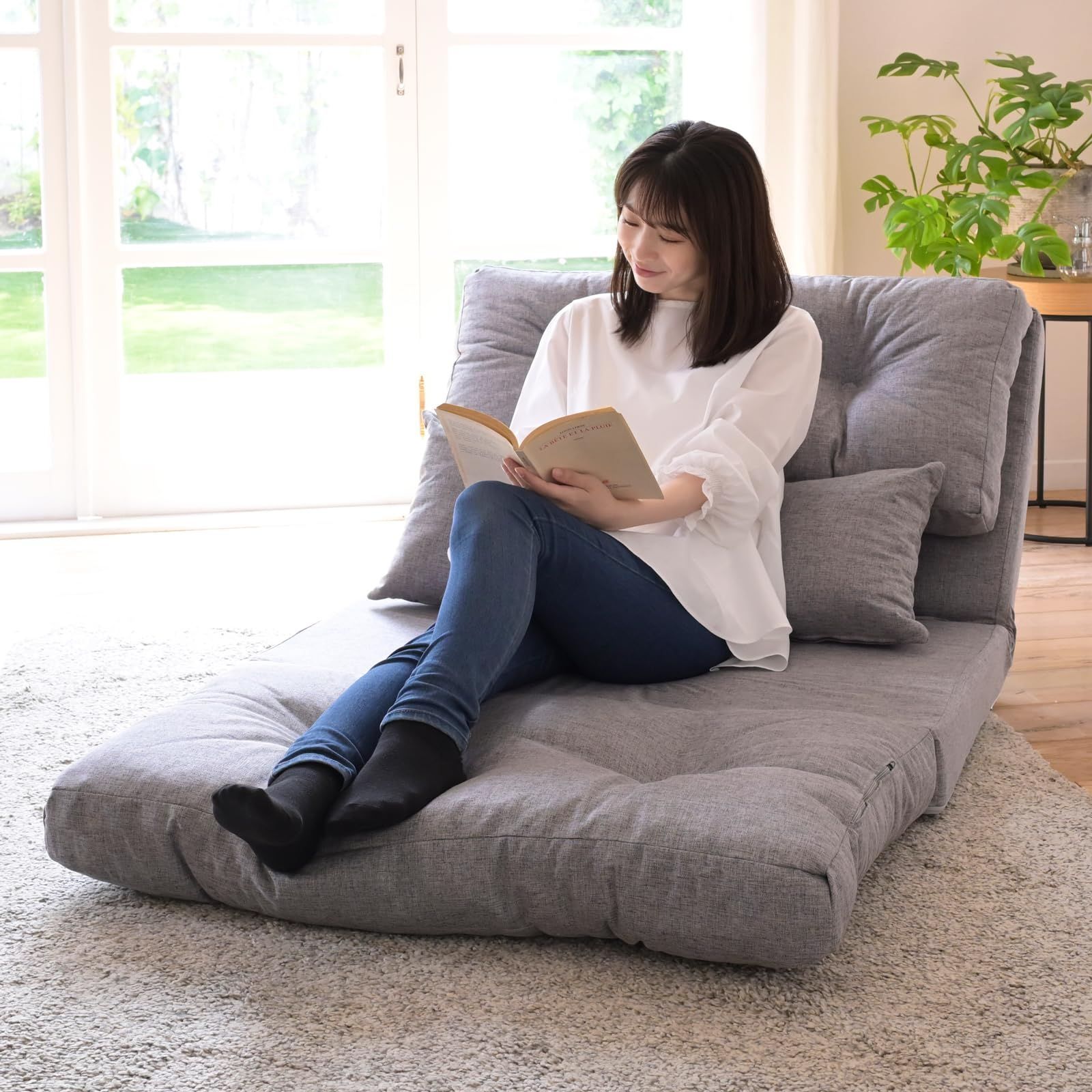 人気商品　完成品 一人暮らし 幅90×奥行70/200×高さ16/59cm ローソファ グレー 簡易ベッド リクライニング 腰部14段階 クッション付き 一人掛け ゆったり ATS-90K(GY) 日本製 3WAY カウチ ソファーベッド ソファ 山善(YAM