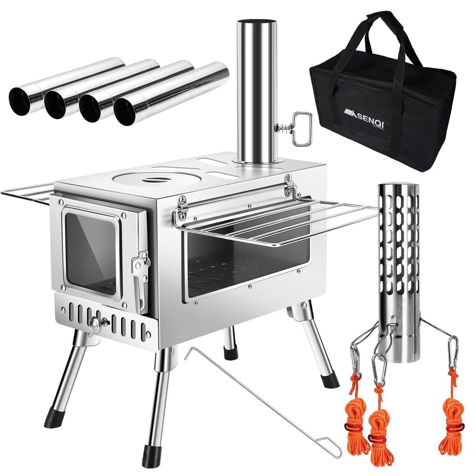 【数量限定】ウッドストーブ テント用 アウトドア 焚き火台 コンパクト BBQ 耐熱ガラス・煙突・スパークアレスター・グリッド棚付き 調理 キャンプ 暖炉 折りたたみ 冬 薪ストーブ 収納袋付き SENQI