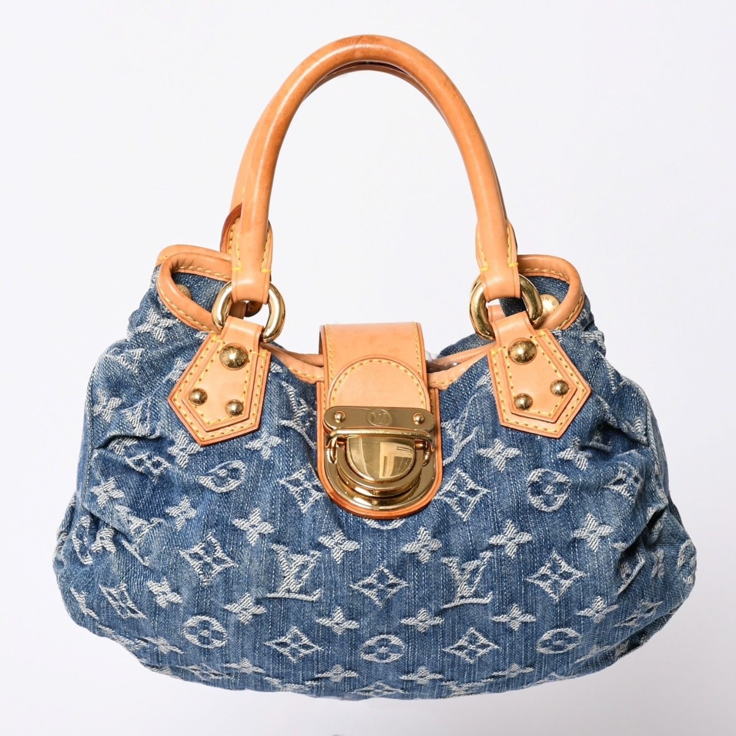 極美品 LOUIS VUITTON ルイヴィトン プリーティ ハンドバッグ M95020 モノグラム デニム レザー ブルー ゴールド金具 美品 中古 4b001444
