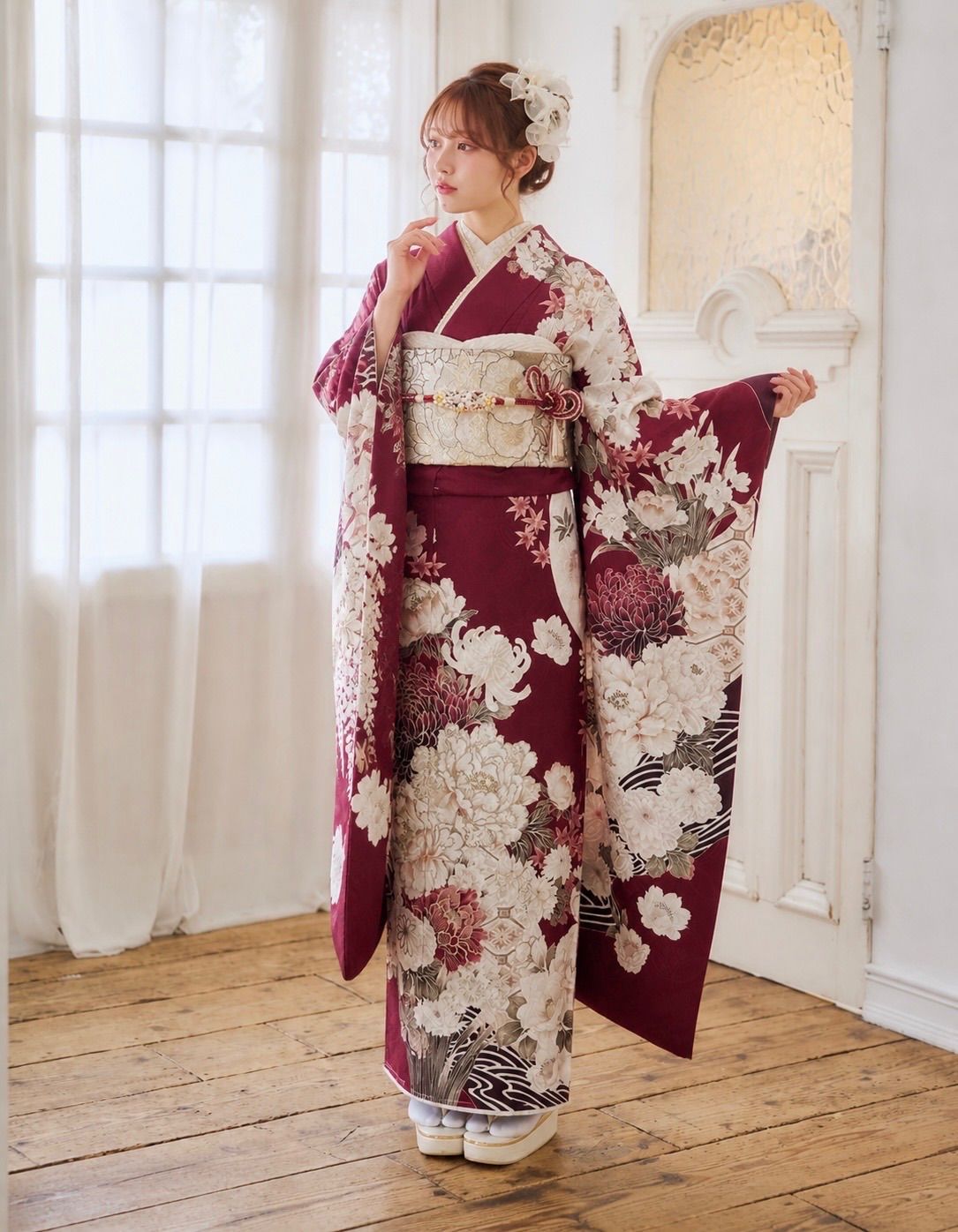 【未仕立て・新品・未使用品】振袖　京都染匠謹製　ボルドー　流水に/菊　成人式