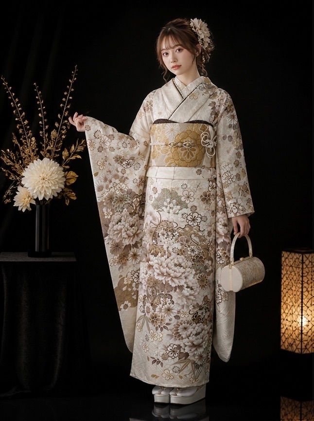 【未仕立て・新品・未使用品】振袖　京都染匠謹製　型染め　亜麻色　牡丹/鞠　古典　成人式