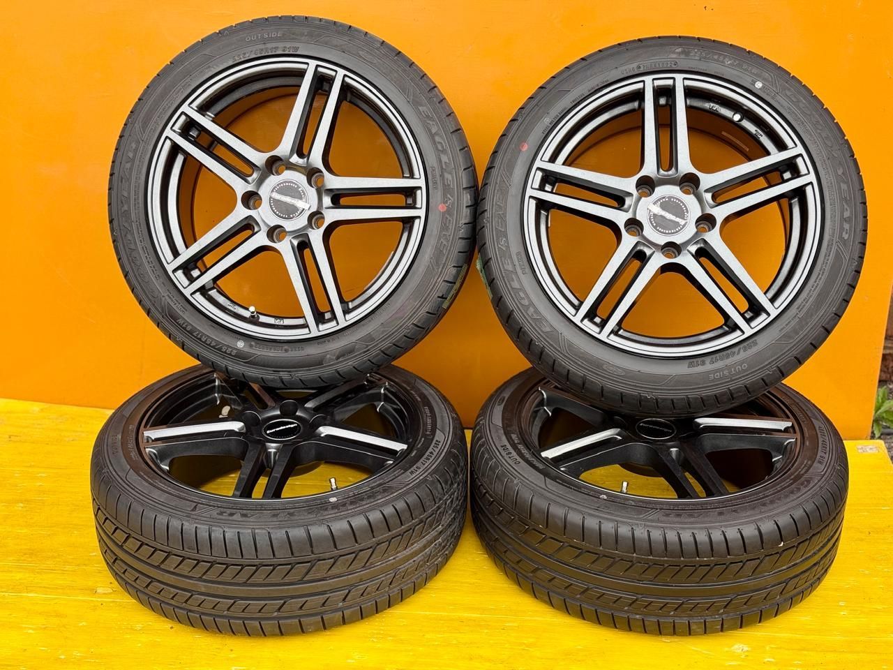 AT-658] 4本 5穴 EURO DESIGN ホイール 17X7 1/2J 5X120 ET45 グッドイヤー タイヤ EASGLE EXE 225/45R17 91W 日本製 ★2022★ 溝 7.95ｍｍ
