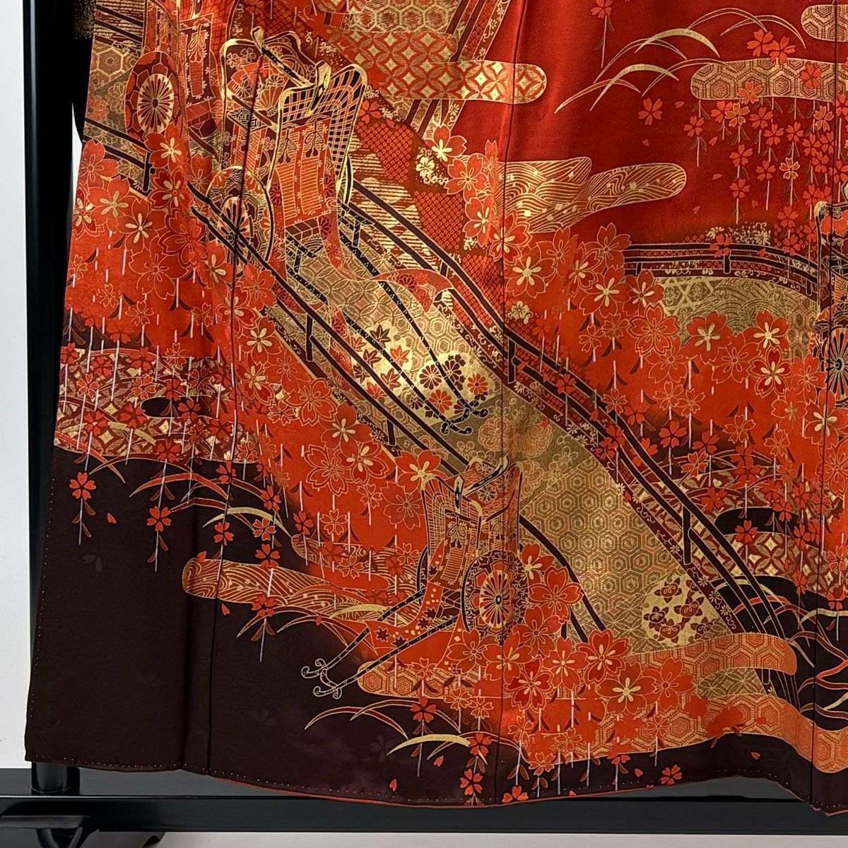 振袖 身丈156cm 裄丈64cm M 袷 御所車 桜 金糸 金彩 赤茶 正絹 秀品