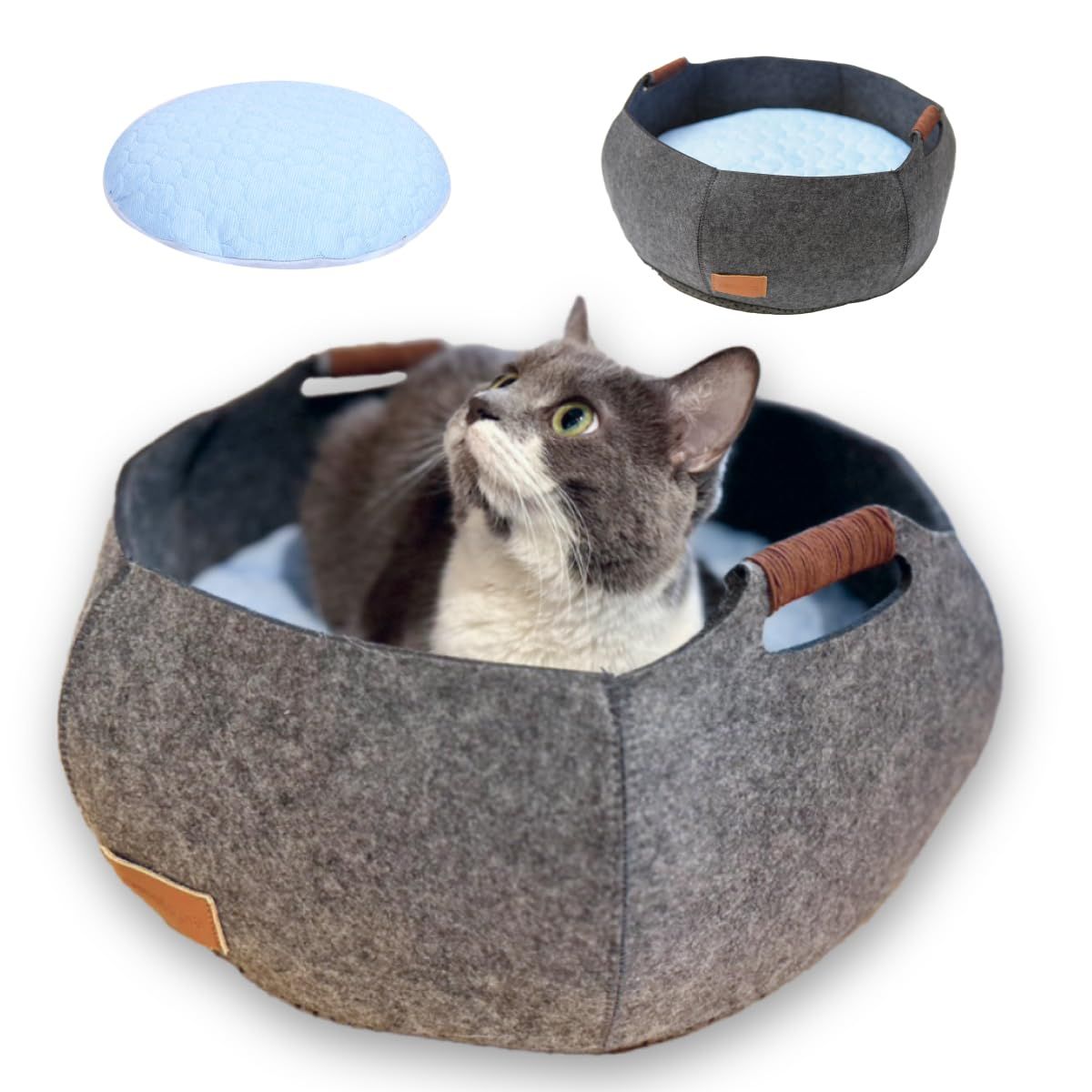猫 ベッド 冬夏兼用 ベッド リバーシブル オールシーズン ペットベッド 涼しい クッション マット 洗える 2way 円形 かわいい 直径 40cm フェルト グレー ブルー 国産 またたび 付き