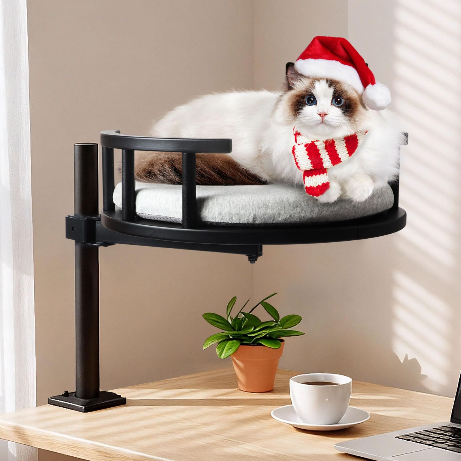 360°回転デスク猫ベッド - 取り外し洗濯可能なクッション付き、丈夫なクランプ式取り付け、省スペースデスクペットハンモック、オフィスやゲーミングデスクに最適、耐荷重19㎏、直径38㎝、ブラック猫ベッド