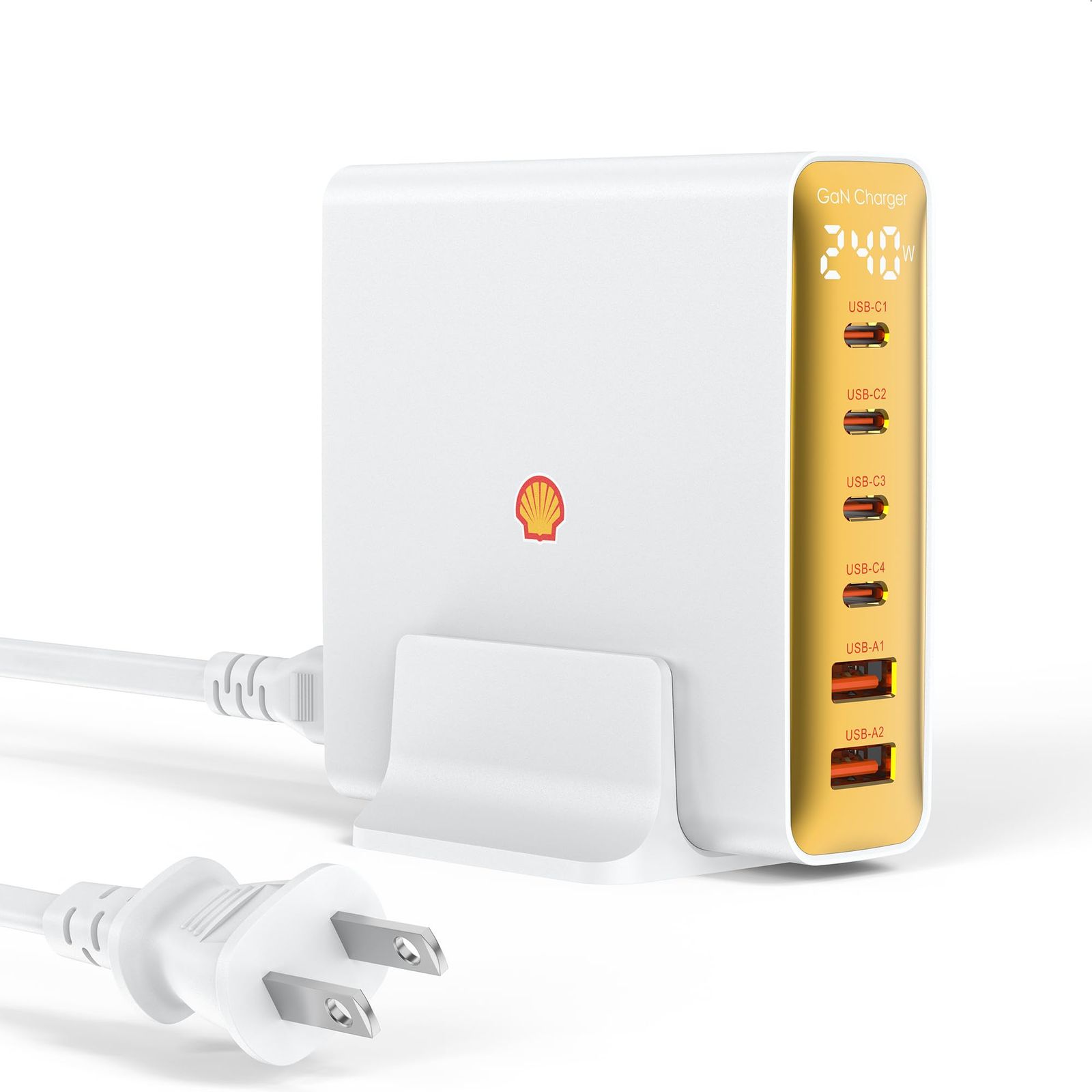 Shell 急速充電器 合計240W高出力 6台同時充電 (USB-C*4+USB-A*2) GaNIII技術 ディスプレイ搭載 PSE認証済 PD3.1/QC5.0規格対応 1.5m電源ケーブル付き MacBook Pro/iPad/iPhone1 ...