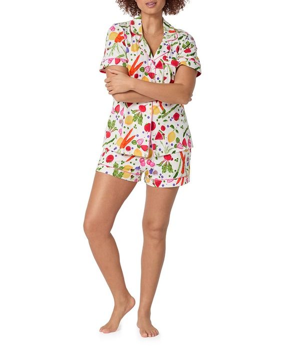 ベッドヘッド レディース アンダーウェア ナイトウェア プリント コットン ニット BedHead Garden Print Organicotton Blend Short Sleeve Notch Collar Knit Shorty Pajama Set