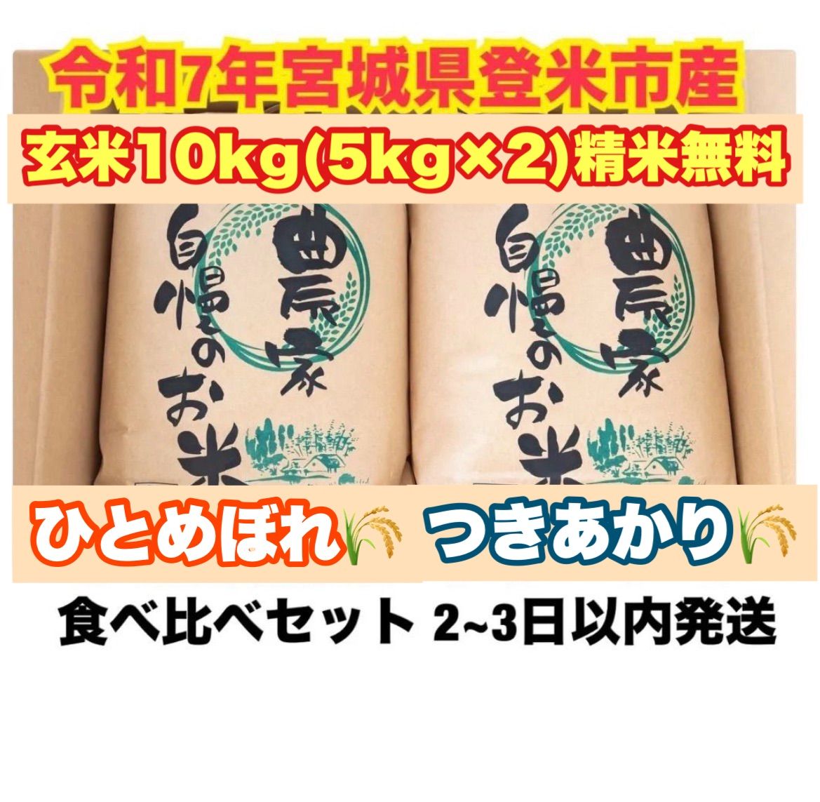 令和7年宮城県登米市産ひとめぼれ・つきあかり 玄米20kg(玄米10kgずつ