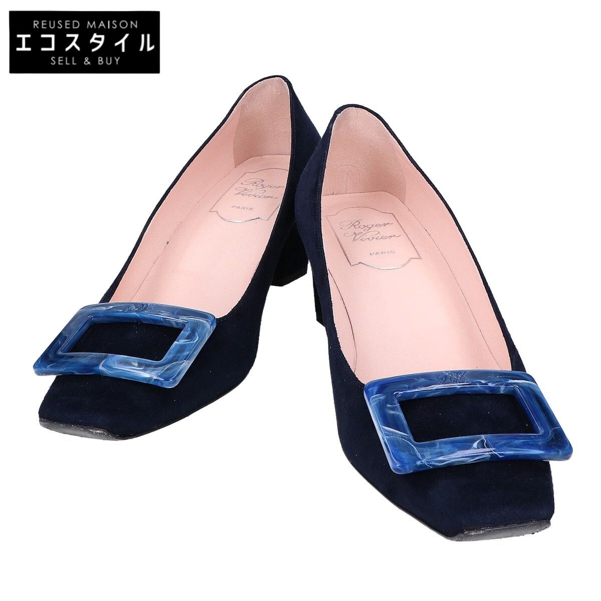 36 ROGER VIVIER パンプス ブルー ベルヴィヴィエ 23 Roger Vivier ロジェヴィヴィエ ブルーバックル スエード スクエアトゥ