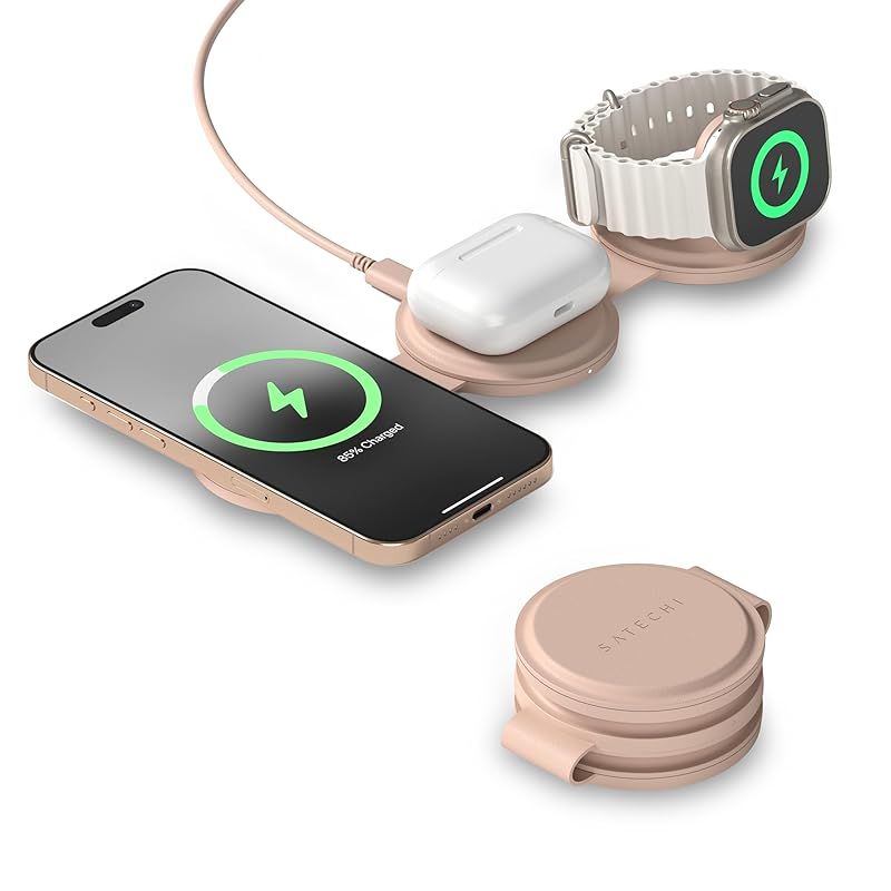 【新品】 SATECHI OntheGo? 3 in 1 ワイヤレス充電器 Qi2 ポータブル 3台同時 充電器 1mケーブル付 iPhone 17～12 シリーズ用 15W 急速充電、Apple Watch 用 5W、AirPods 用 5W、マグネット 0