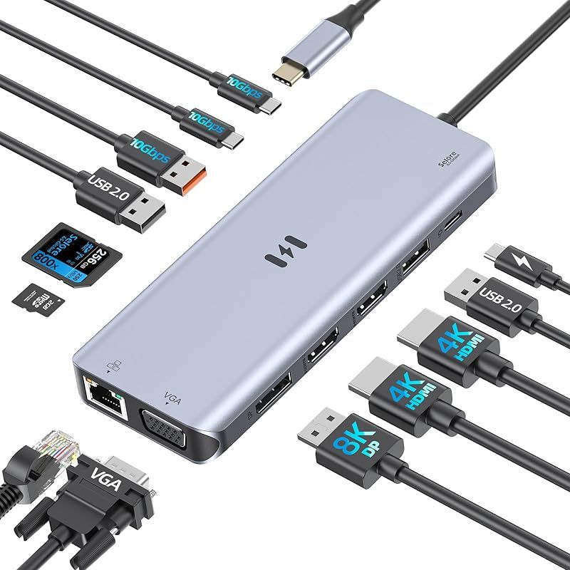 【新品】 USB C ドッキングステーション 4画面対応 13-in-1ドック USB CデュアルHDMI 8K DisplayPort VGA RJ45 SD/Micro SD USB A&C 3.1 10Gbps PD 100W 2 HDMI HUB 0