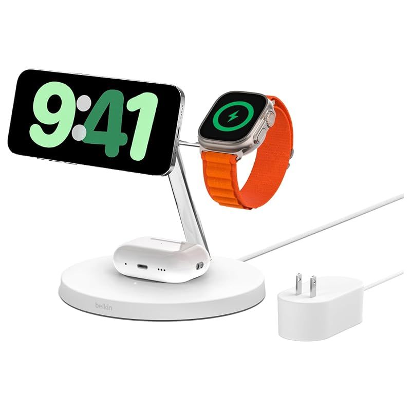 【新品】 Belkin 3 in 1 MagSafe充電器 最大15W高速充電 ワイヤレス充電器 MagSafe公式認証 iPhone 15 / 14 / 13 / 12 Apple Watch 8/7/Ultra 高速充電対応 AirPodsワイヤレス充 0