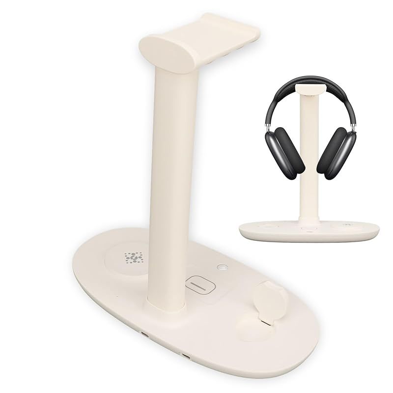 【新品】 ヘッドフォンスタンド、ヘッドフォン用15Wワイヤレス充電器付き4 in 1ヘッドフォン充電スタンド (白) 0