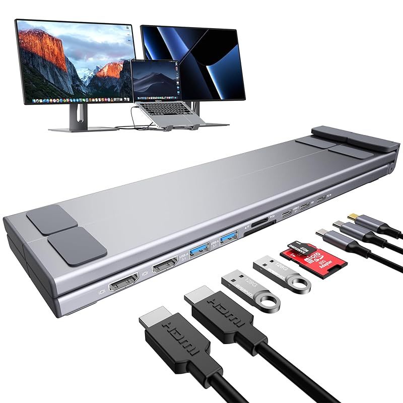 【新品】 Mukiya 9-in-1 ノートPCスタンド ドッキングステーション（HDMI 4K@60Hz×2・USB A×2・USB C・SDカード最大104MB/s・TFカード・PD100W）5Gbps高速転送 折りたたみ式 アルミ合金 MacBook 0