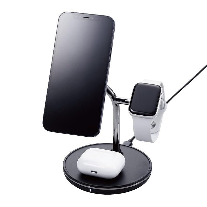【新品】 エレコム(ELECOM) ワイヤレス充電器 3in1 3台同時充電 [Magsafe対応のiPhone/Apple Watch/AirPods] マグネット内蔵 7.5W+5W Type-C(入力ポート) C-Cケーブル付属 Apple正規認証品 0