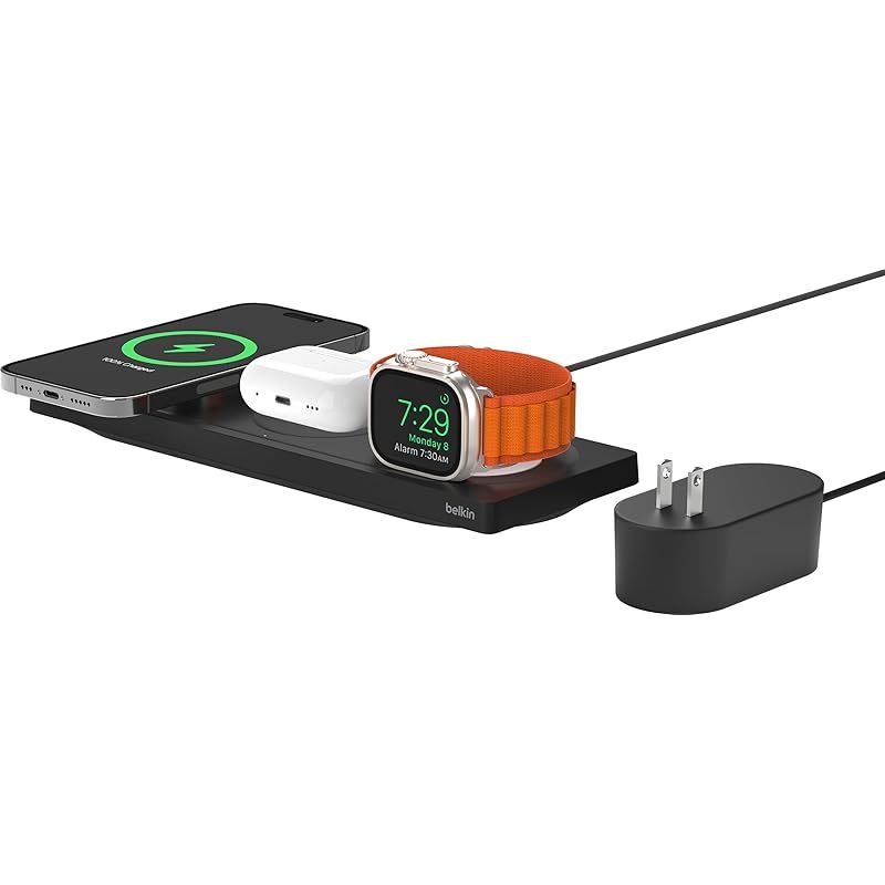 【新品】 Belkin3 in 1 MagSafe充電器 最大15W高速充電 ワイヤレス充電器 MagSafe公式認証 iPhone17,16～12 Applewatch対応 8/7/Ultra 高速充電対応 AirPodsワイヤレス充電対応 ブラック W 0