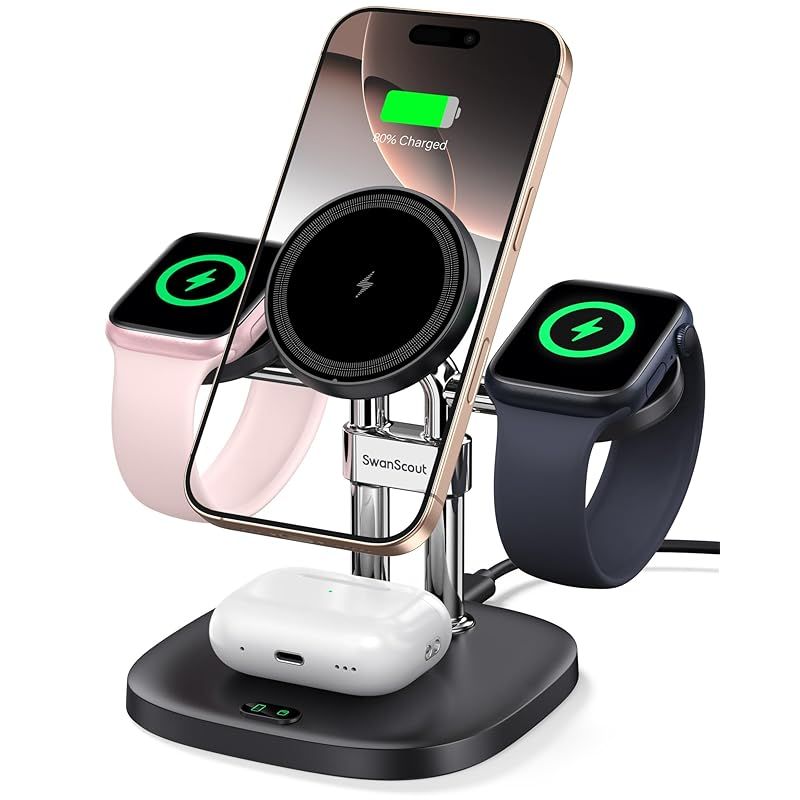 【新品】 4in1 ワイヤレス充電器 アップルウォッチ 充電器 2台同時 Apple Watch用 マグセーフ充電器 充電スタンド マグネット式 置くだけ充電 iPhone 17/16/15/14/13/12シリーズに対応、Apple Watch、AirP 0