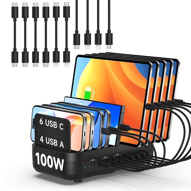 【新品】 首佩 100W 10ポートUSB充電ステーション,USB-C×6＆USB-A×4ポート,PD高速充電対応 lPhone/lPad/Galaxyなど電子機器対応,混合充電ケーブル10本付属（ブラック） 0