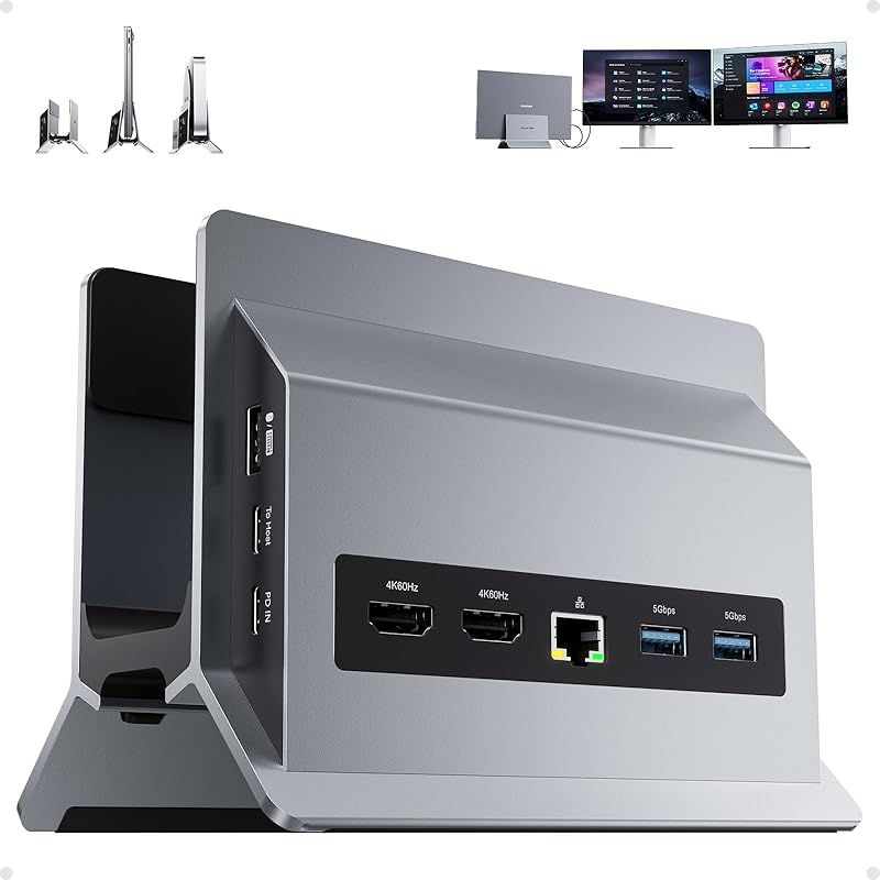 【新品】 PULWTOP ノートパソコンドッキングステーション デュアルモニター、11 in 1 垂直 USB C ドックスタンド、HDMI 2 4K 60Hz、USBA/C 10Gbps 3ポート、USBA 5Gbps 2ポート、USB-A 2.0、イー 0