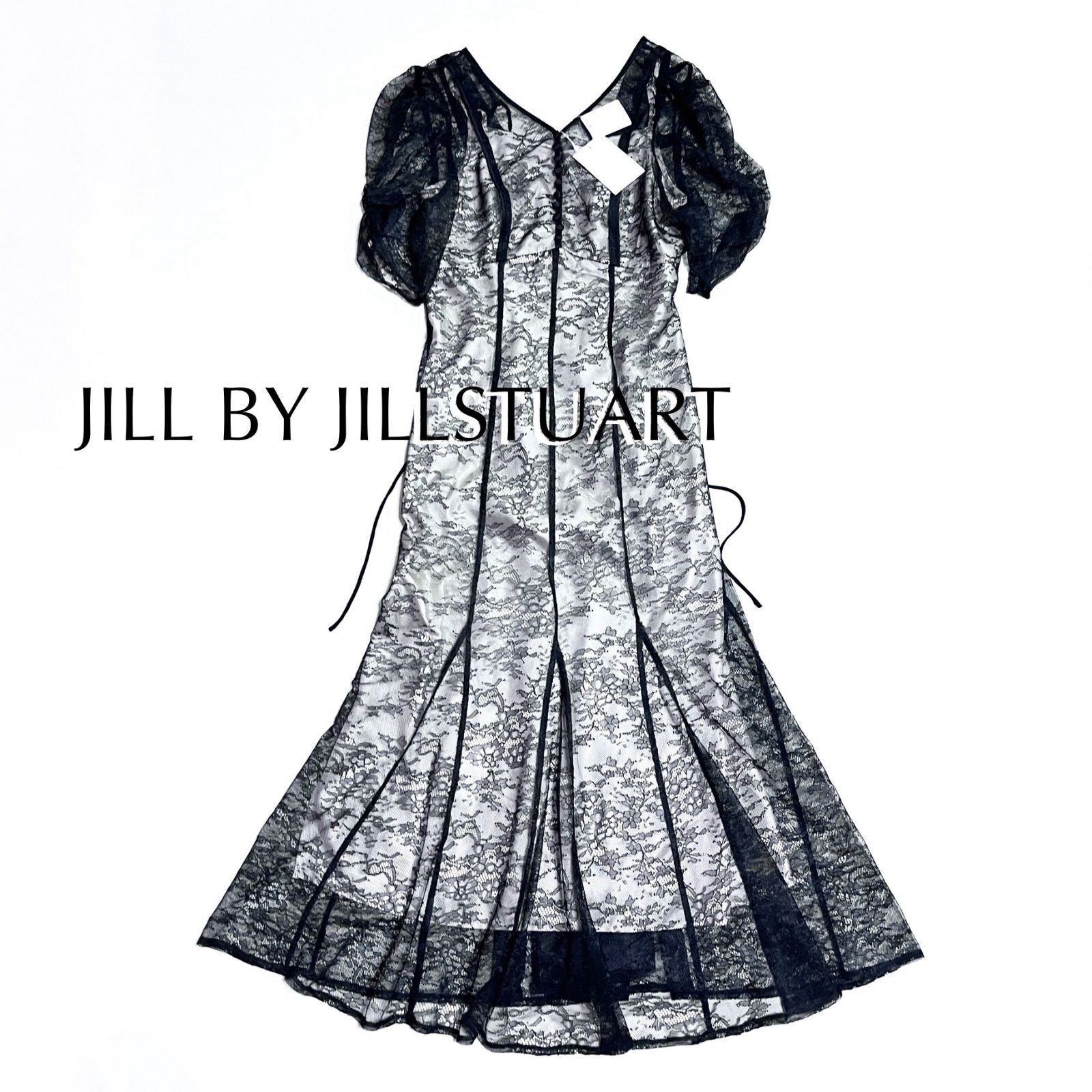 kV92 新品 JILL by JILLSTUART 2025SS リボン ワンピース ラメコードレースバイカラードレス 総レース ロングワンピース ブラック 黒 ジルスチュアート 定価23,100円
