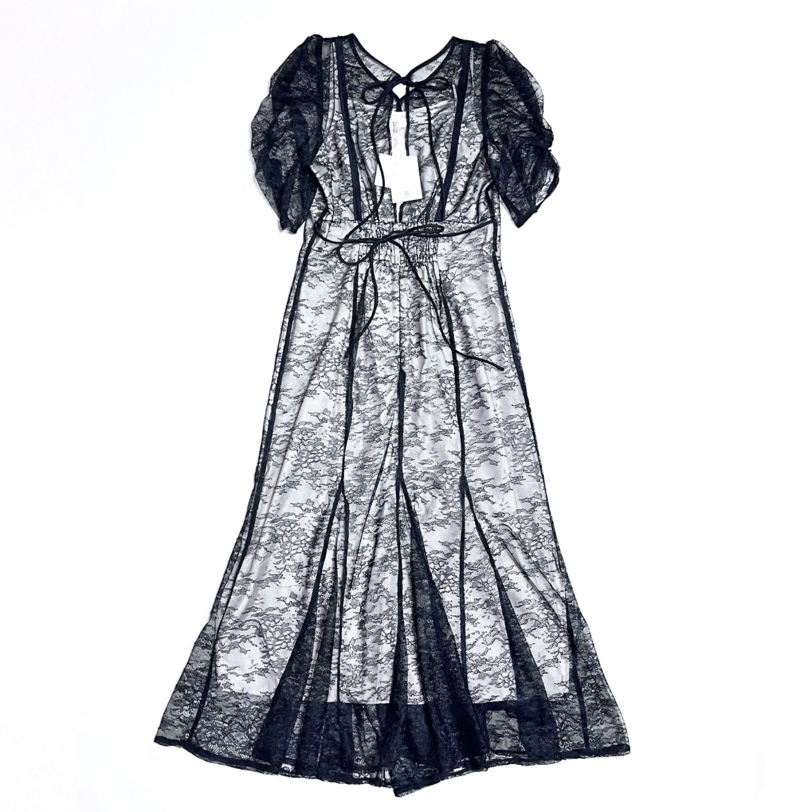 kV92 新品 JILL by JILLSTUART 2025SS リボン ワンピース ラメコードレースバイカラードレス 総レース ロングワンピース ブラック 黒 ジルスチュアート 定価23,100円
