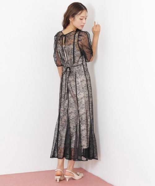 kV92 新品 JILL by JILLSTUART 2025SS リボン ワンピース ラメコードレースバイカラードレス 総レース ロングワンピース ブラック 黒 ジルスチュアート 定価23,100円