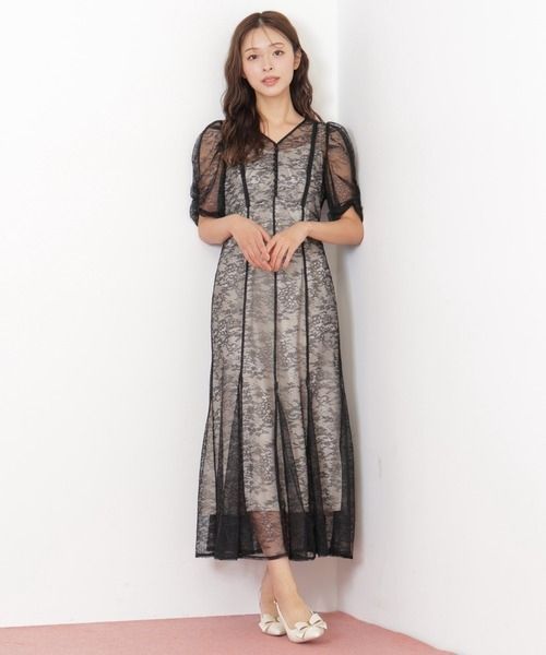 kV92 新品 JILL by JILLSTUART 2025SS リボン ワンピース ラメコードレースバイカラードレス 総レース ロングワンピース ブラック 黒 ジルスチュアート 定価23,100円