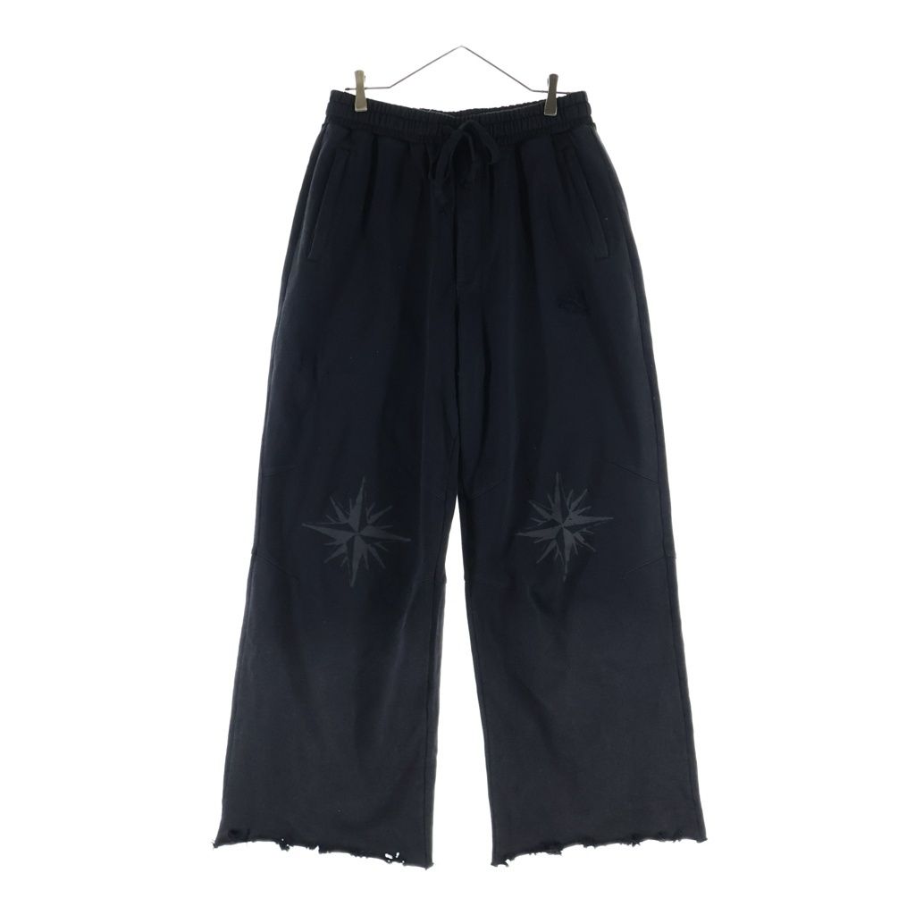 NO BRAND (ノーブランド) TROUBLED WATERS トラブルウォーター ダメージ加工プリントワイドスウェットパンツ ブラック